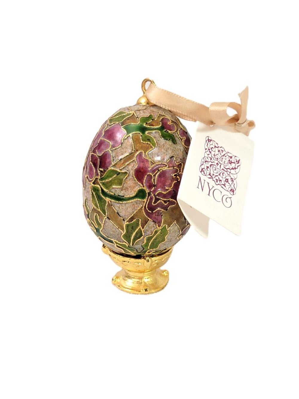 Vintage NYCO Cloisonne Egg Ornament Nicki Yassaman 1998 Floral Enamel Stand